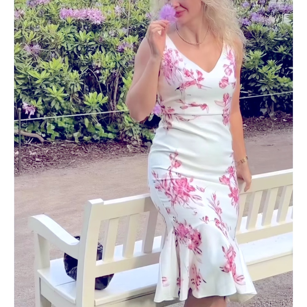 FEHAUTE Pink Floral Mermaid Skirt V Neck Sleeveless Mermaid Midi Dress Size 4 - Picture 4 of 11